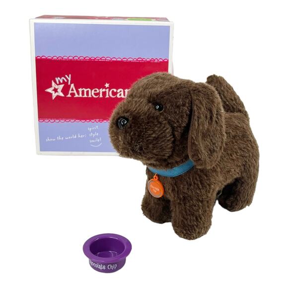 American Girl Pet Dog Bowl Collar Chocolate Chip Brown Labrador Retriever Plush - Picture 8 of 8